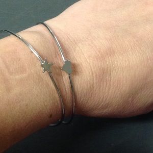 Heart and Star Bangle Bracelets, Set of Two,Silver